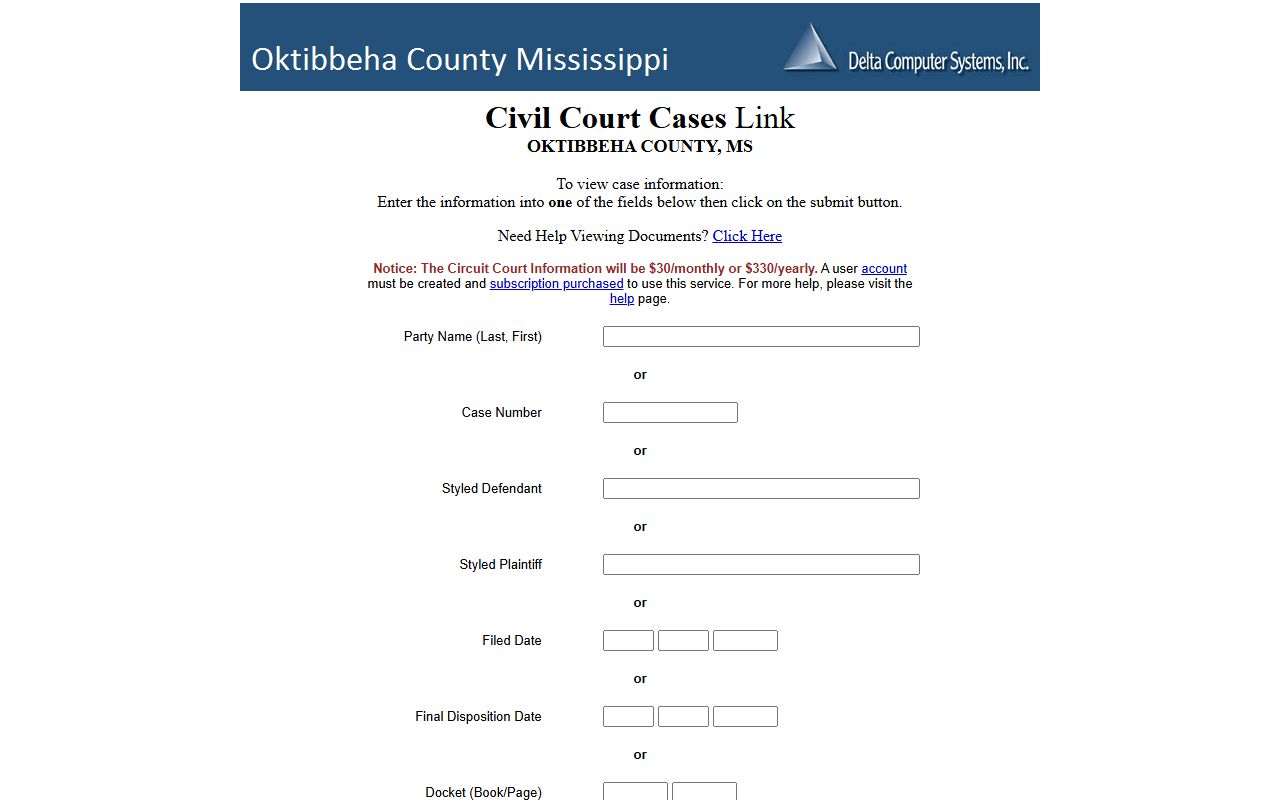 Oktibbeha County court records search on the Delta civil court case portal