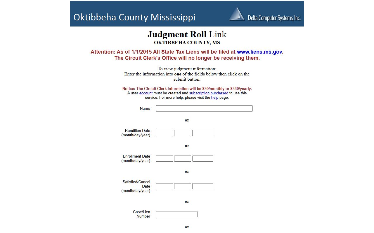 Oktibbeha County court records judgment roll search on the Delta portal