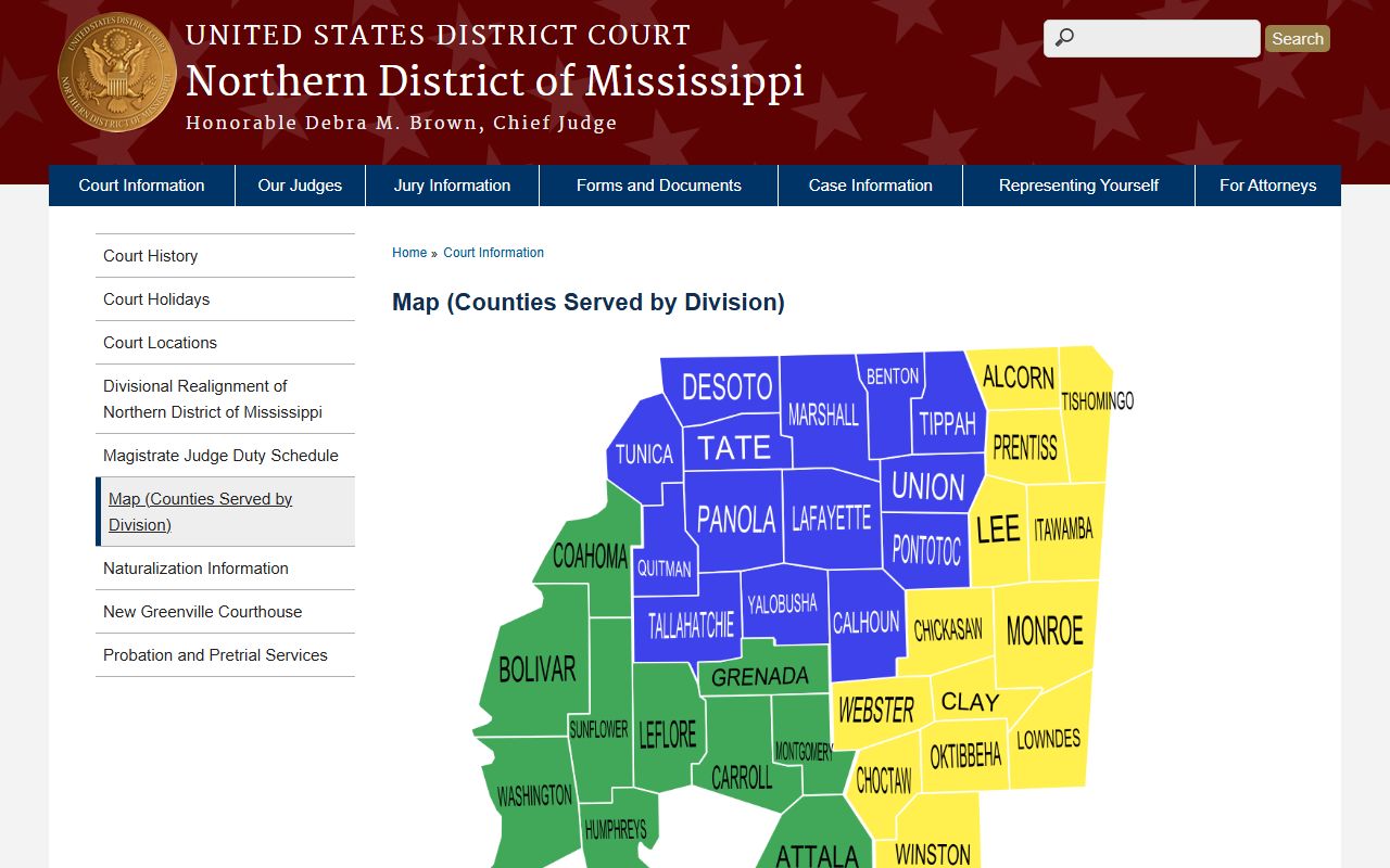 Oktibbeha County federal court division map for the Aberdeen Division