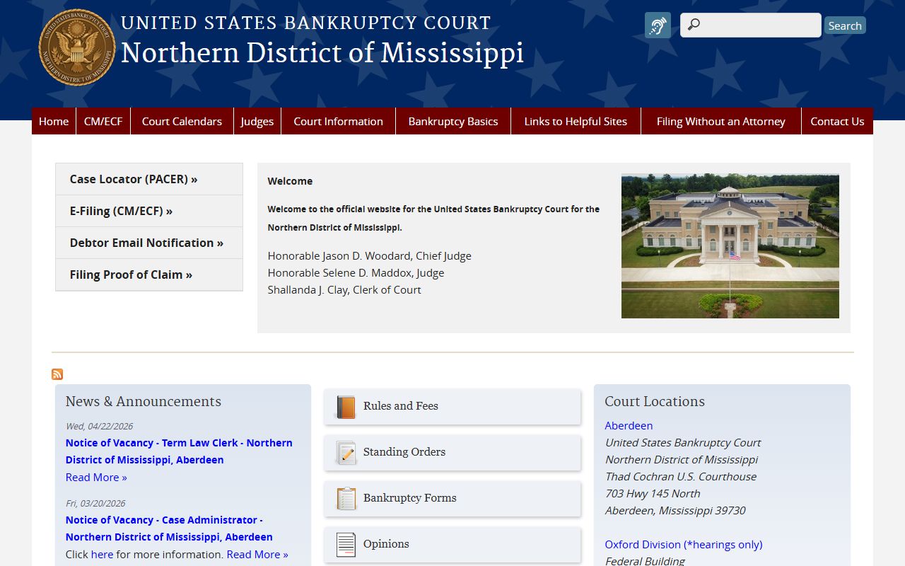 Oktibbeha County federal bankruptcy court records for the Northern District of Mississippi