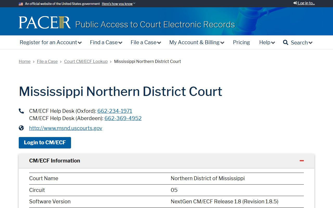 Oktibbeha County federal court records through the PACER Northern District lookup