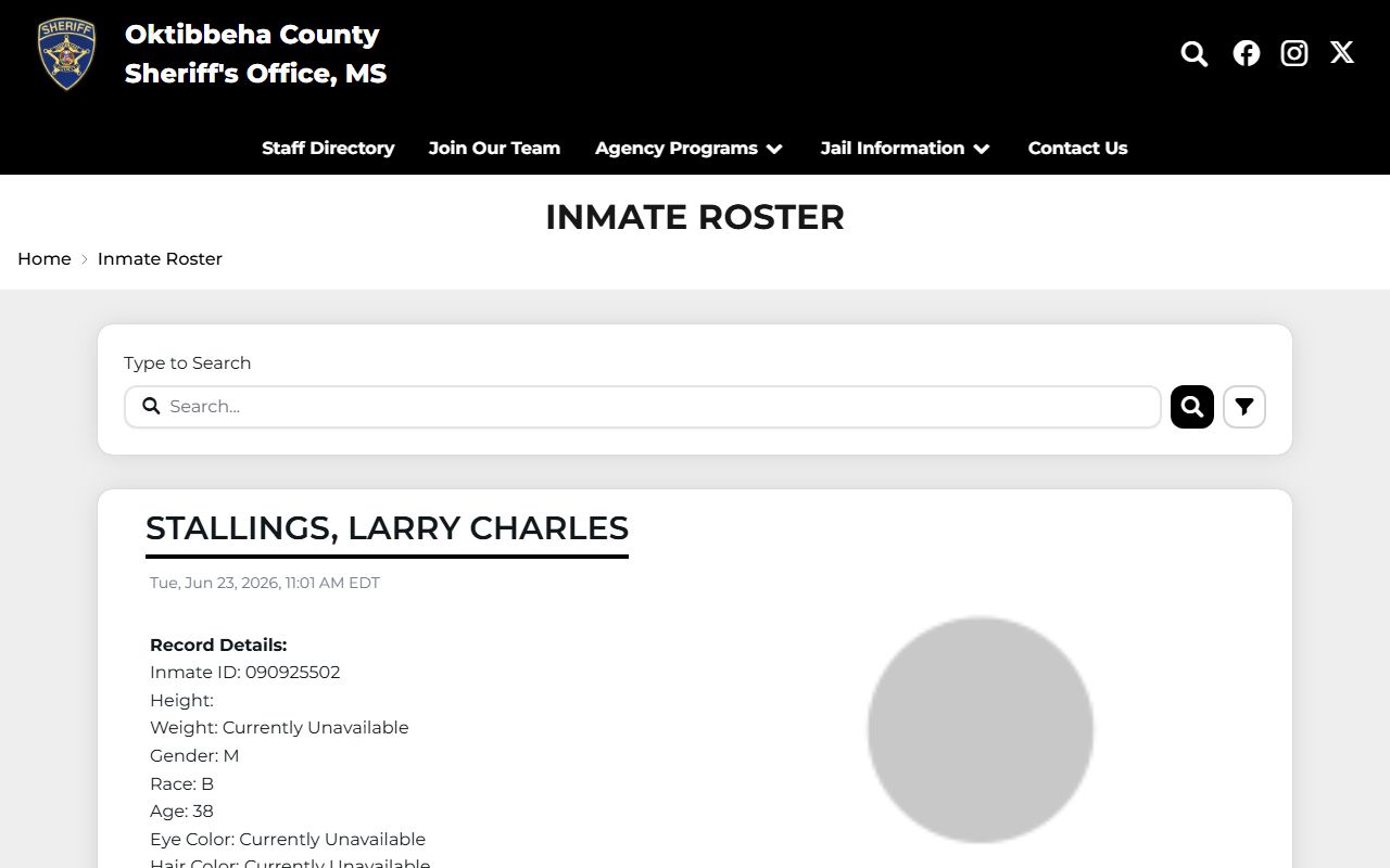 Oktibbeha County inmate records roster on the Sheriff's Office website