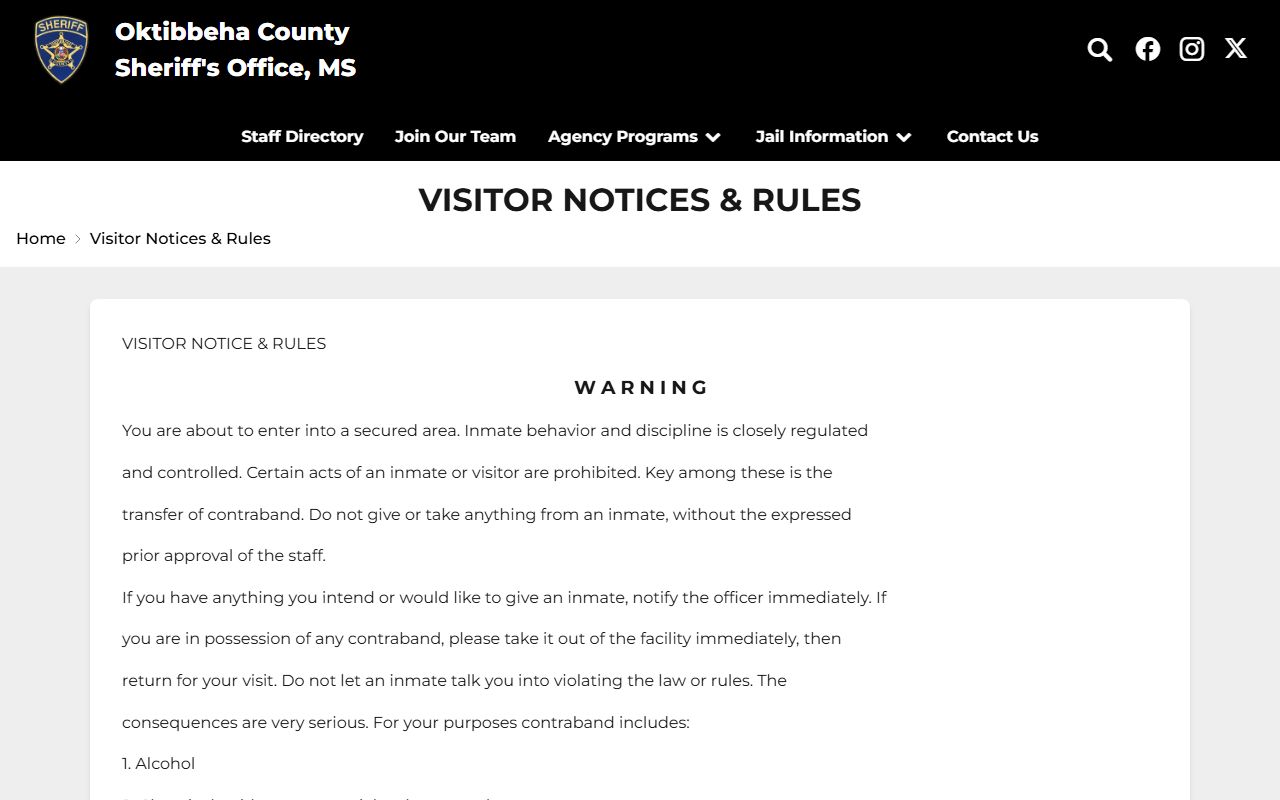 Oktibbeha County inmate records visitor notices and rules page on the Sheriff's Office site
