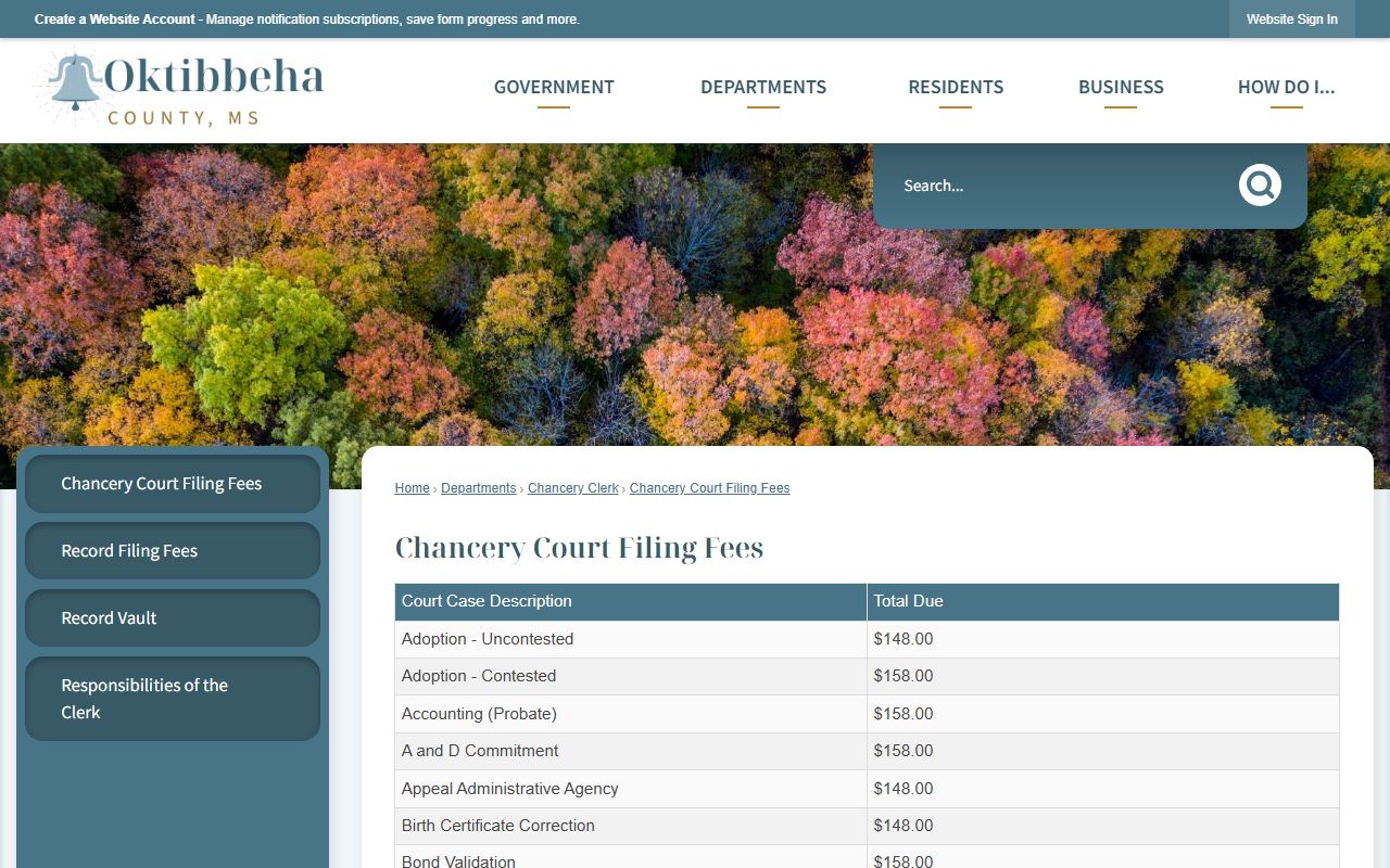 Oktibbeha County divorce and family filing fees on the Chancery Court fee page