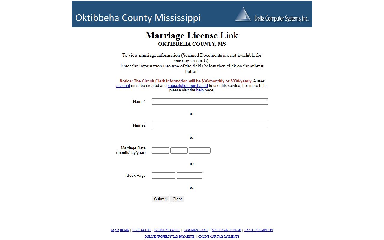 Oktibbeha County marriage records search on the Delta marriage license portal