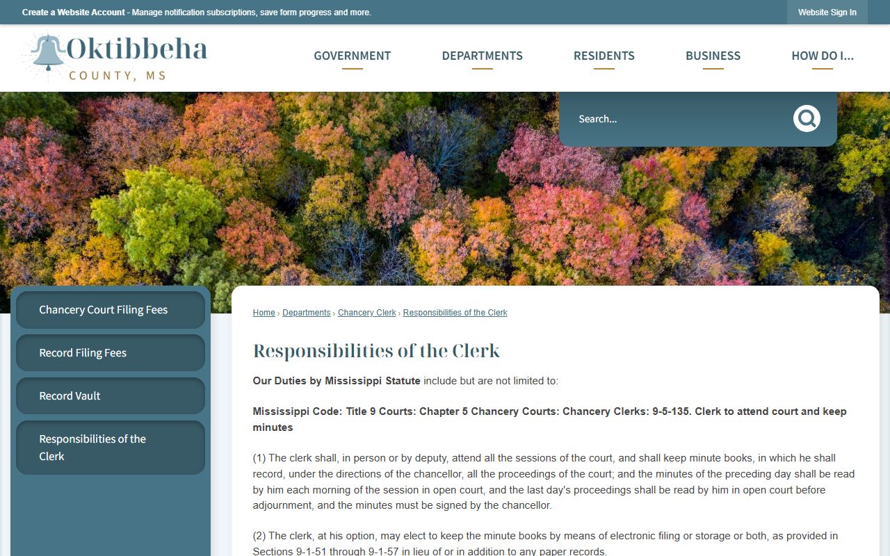 Oktibbeha County Chancery Clerk probate records responsibilities page