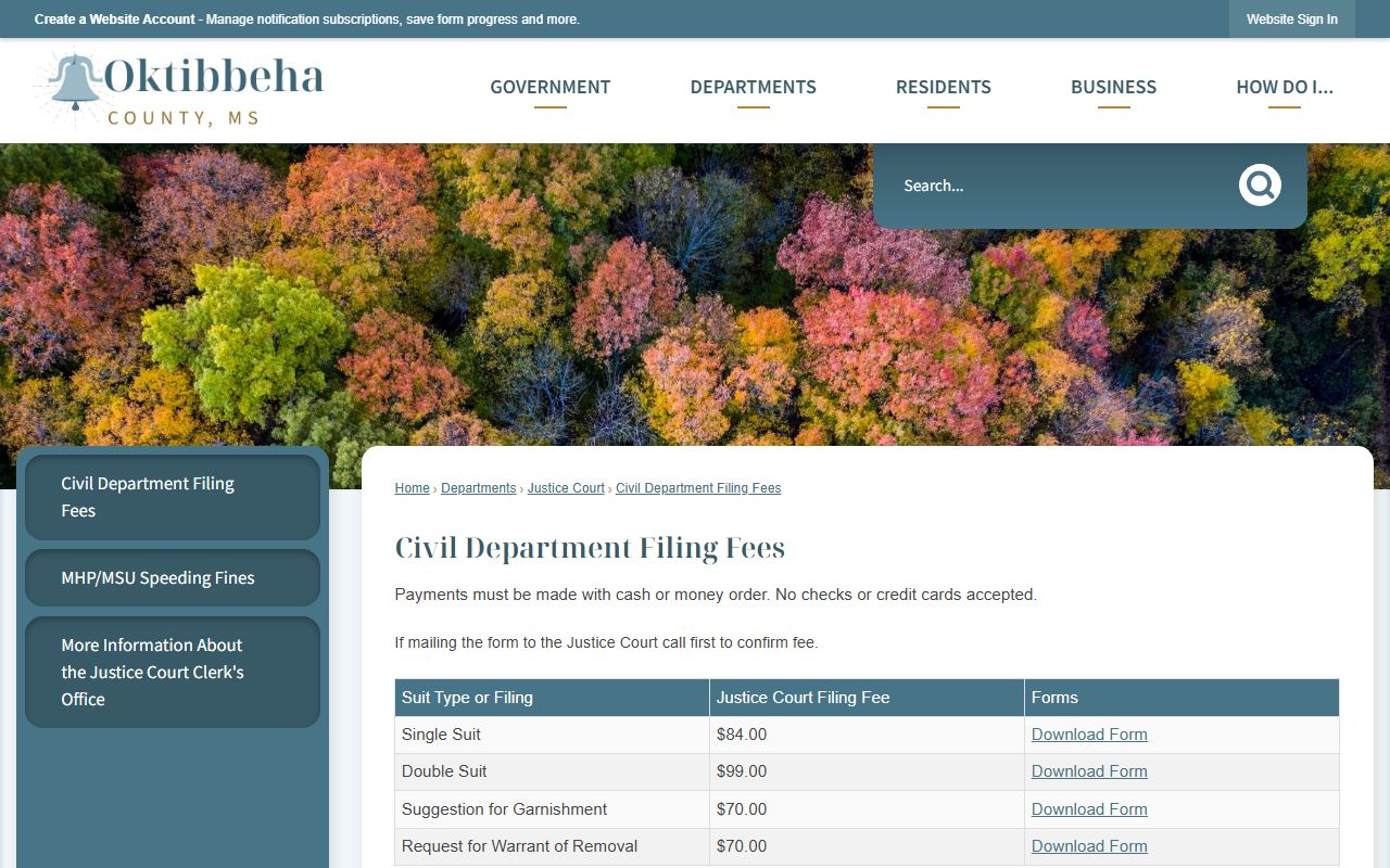 Oktibbeha County Justice Court civil filing fees for traffic court records