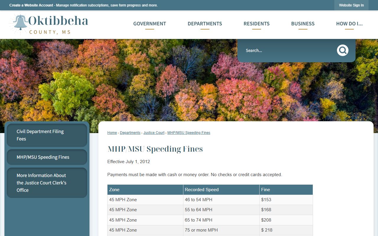 Oktibbeha County MHP and MSU speeding fine schedule for traffic court records